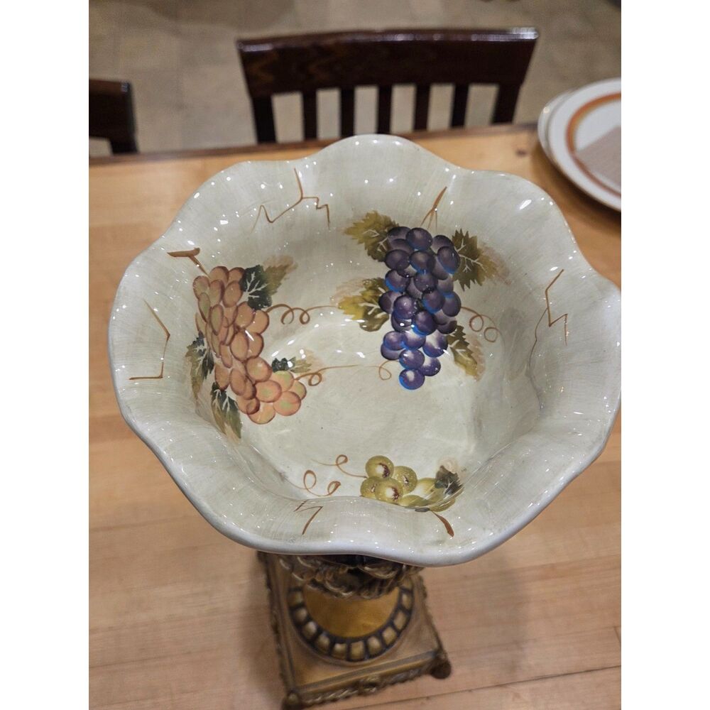Vintage Tuscan Style Grape Pattern Ceramic Pedestal Compote Bowl Centerpiece - Picture 3 of 6